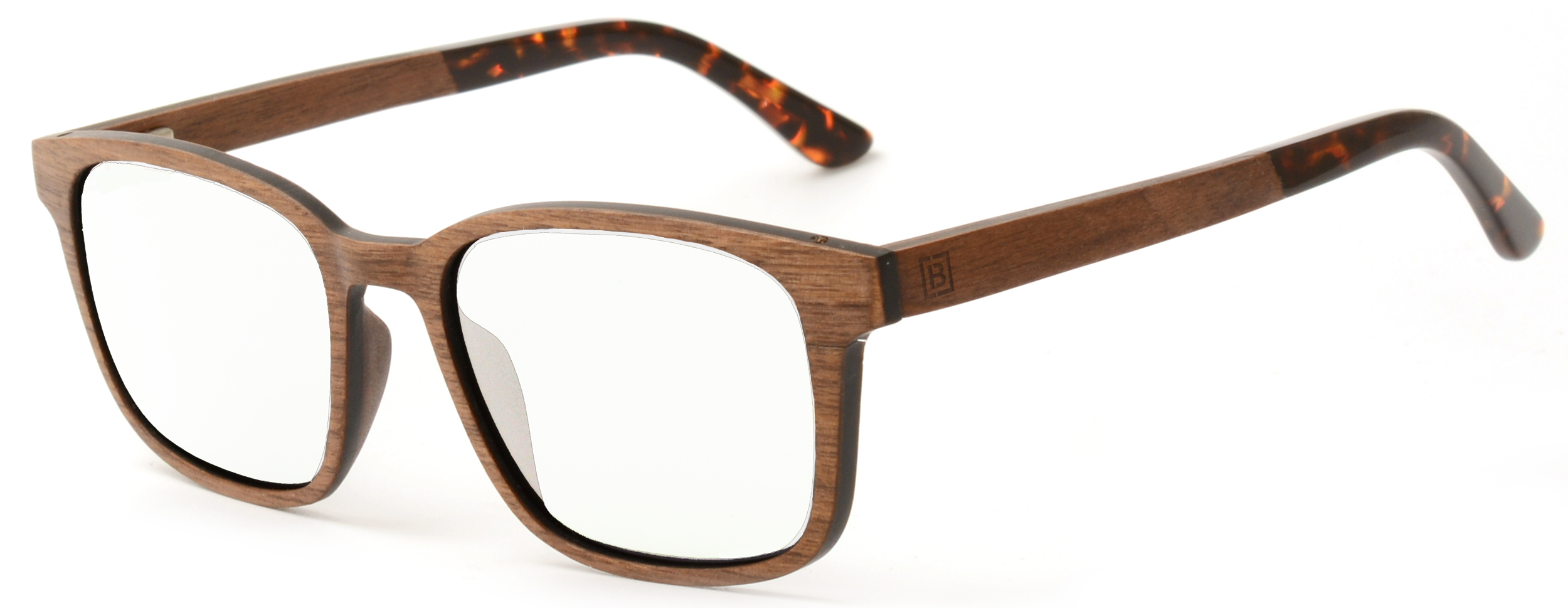 Eli Clear Wood & Carbon Fibre Glasses showcasing a stylish square design with a multi-layer wood frame and acetate tips.