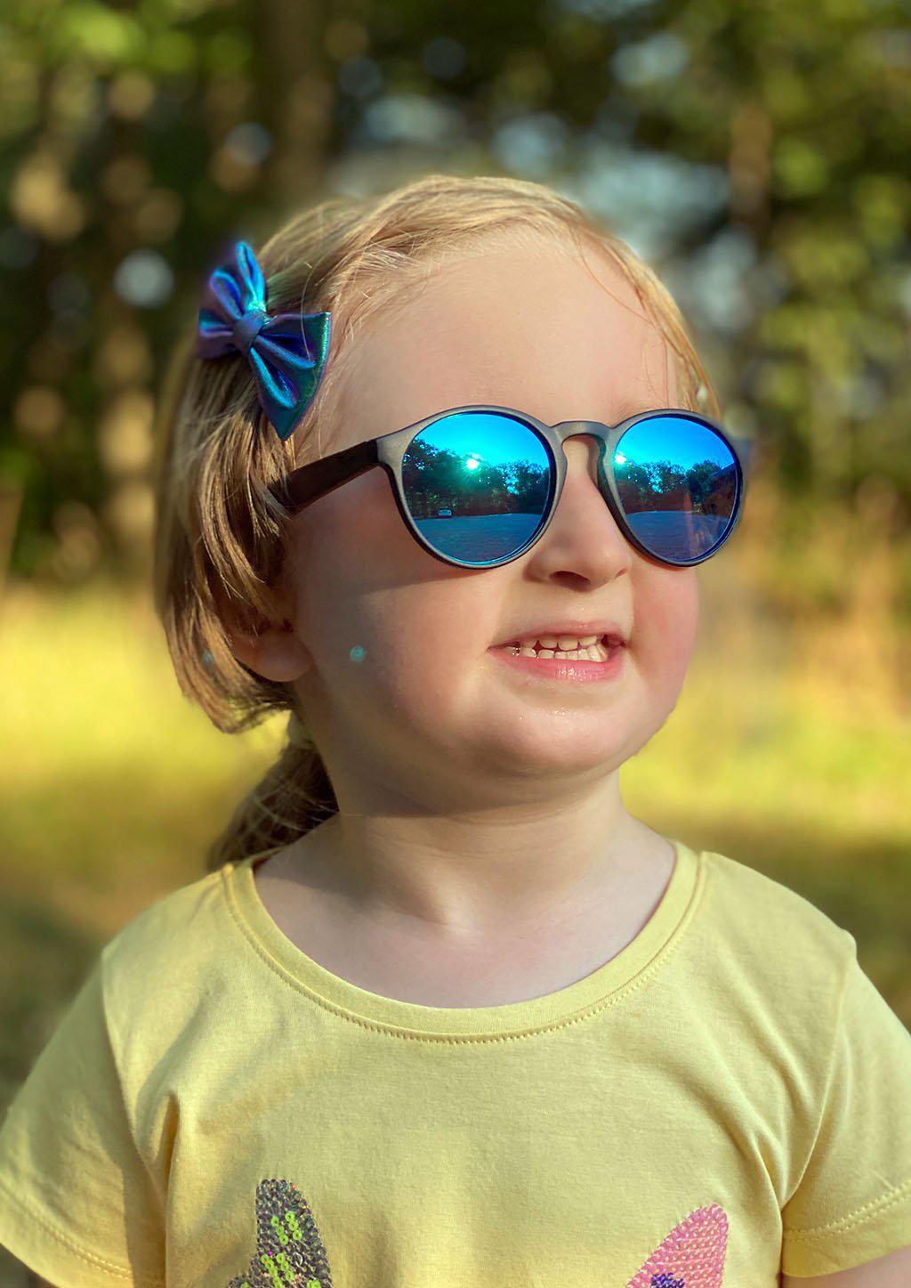 Handmade Eyewood Cubs - Lilo wooden sunglasses for kids with blue mirror lenses.