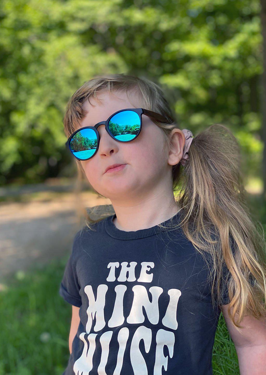 Handmade Eyewood Cubs - Lilo wooden sunglasses for kids with blue mirror lenses.