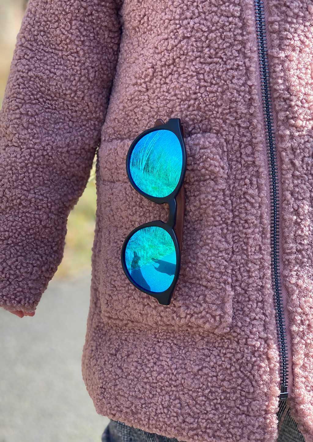 Handmade Eyewood Cubs - Lilo wooden sunglasses for kids with blue mirror lenses.