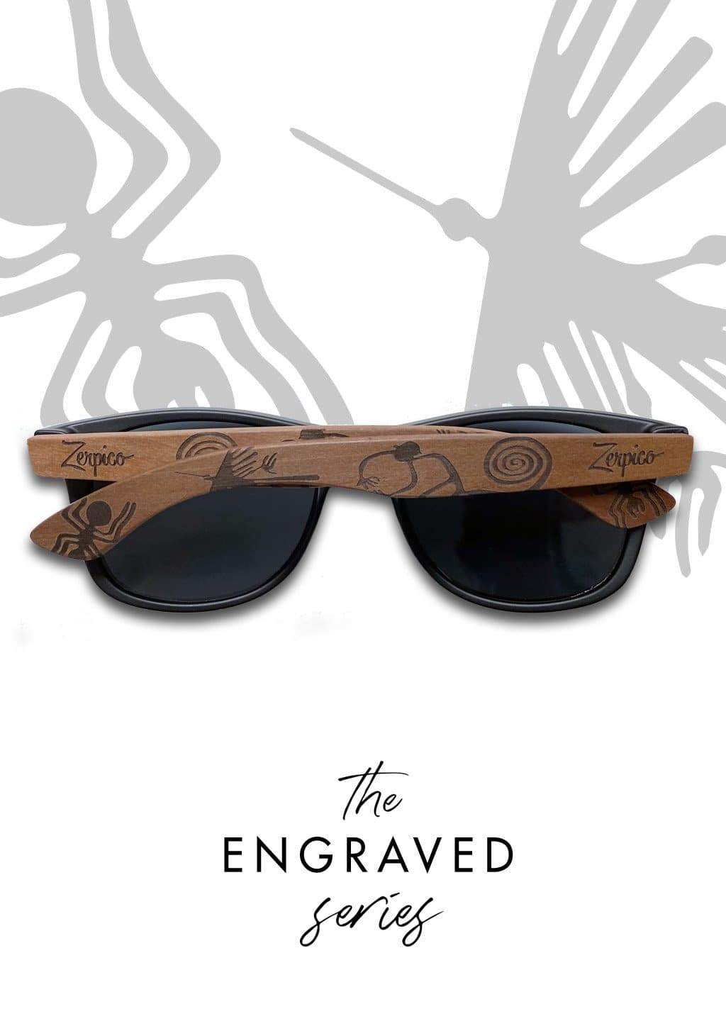 Eyewood engraved wooden sunglasses made from rosewood, featuring a Nazca pattern design on the temples, with polarized black mirror lenses.