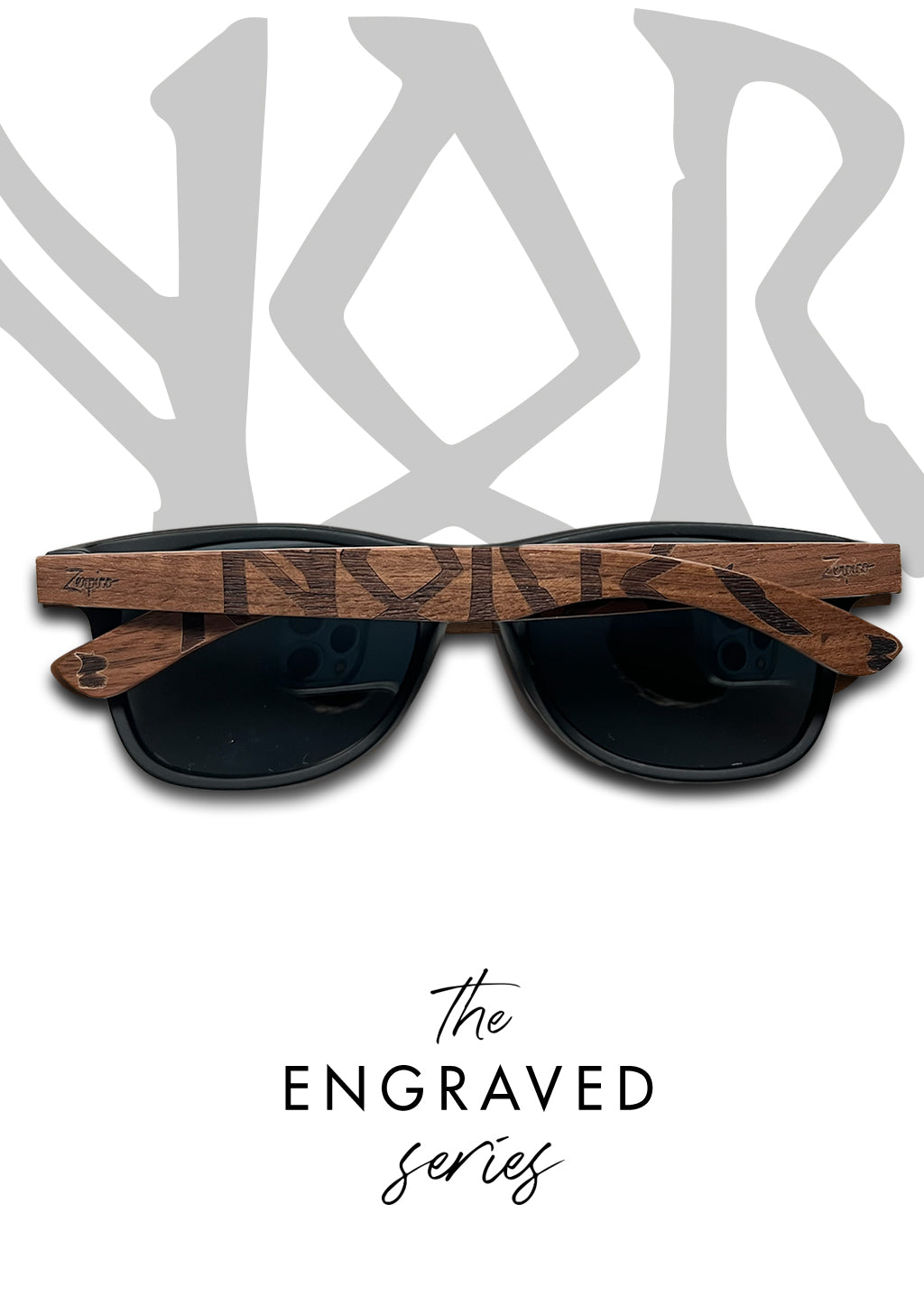 Eyewood engraved wooden sunglasses featuring Viking runes design, made from rosewood and plastic, showcasing a stylish and eco-friendly accessory.