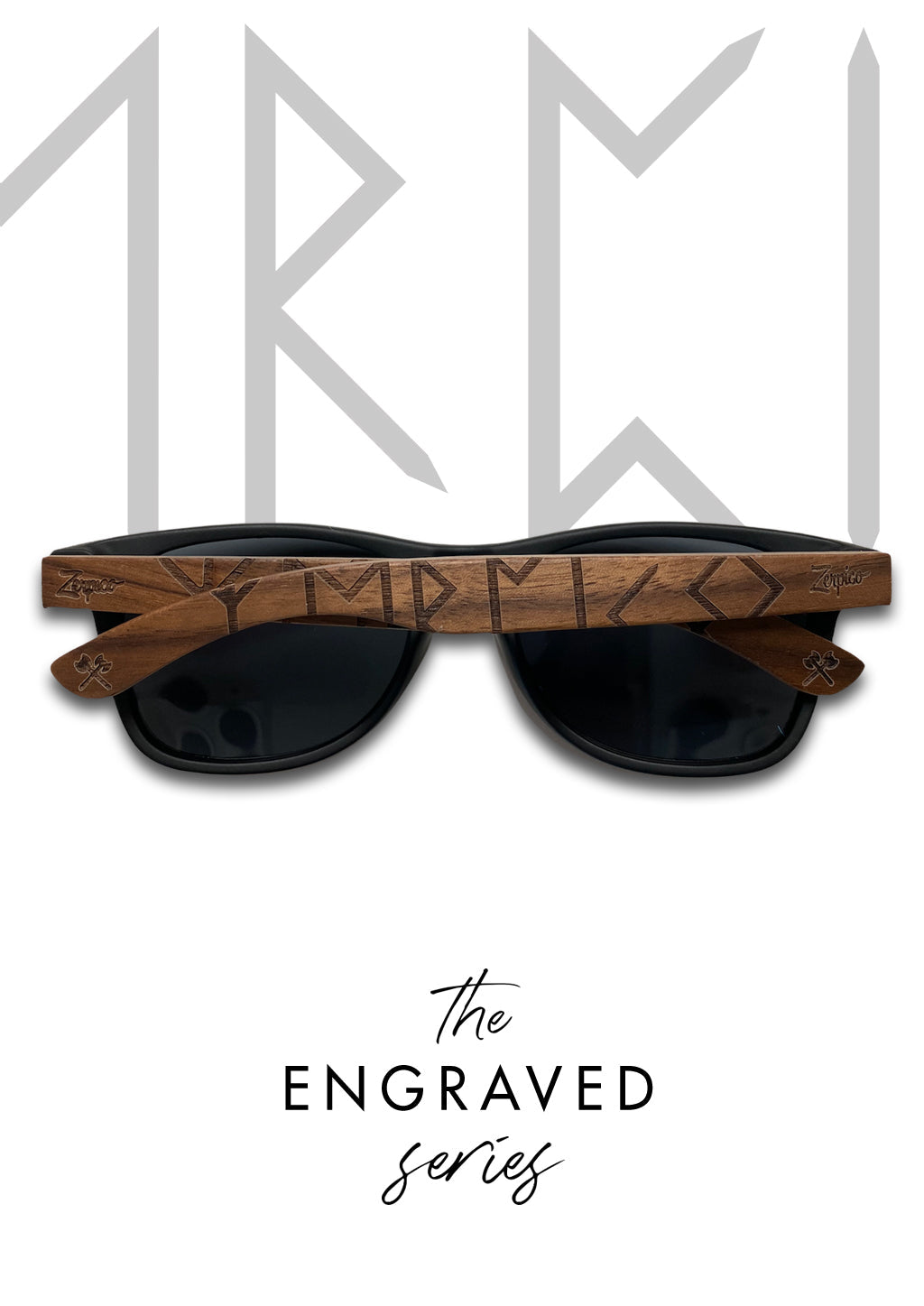 Eyewood Viking Runes engraved wooden sunglasses featuring unique rune scripture on rosewood temples and polarized black lenses.