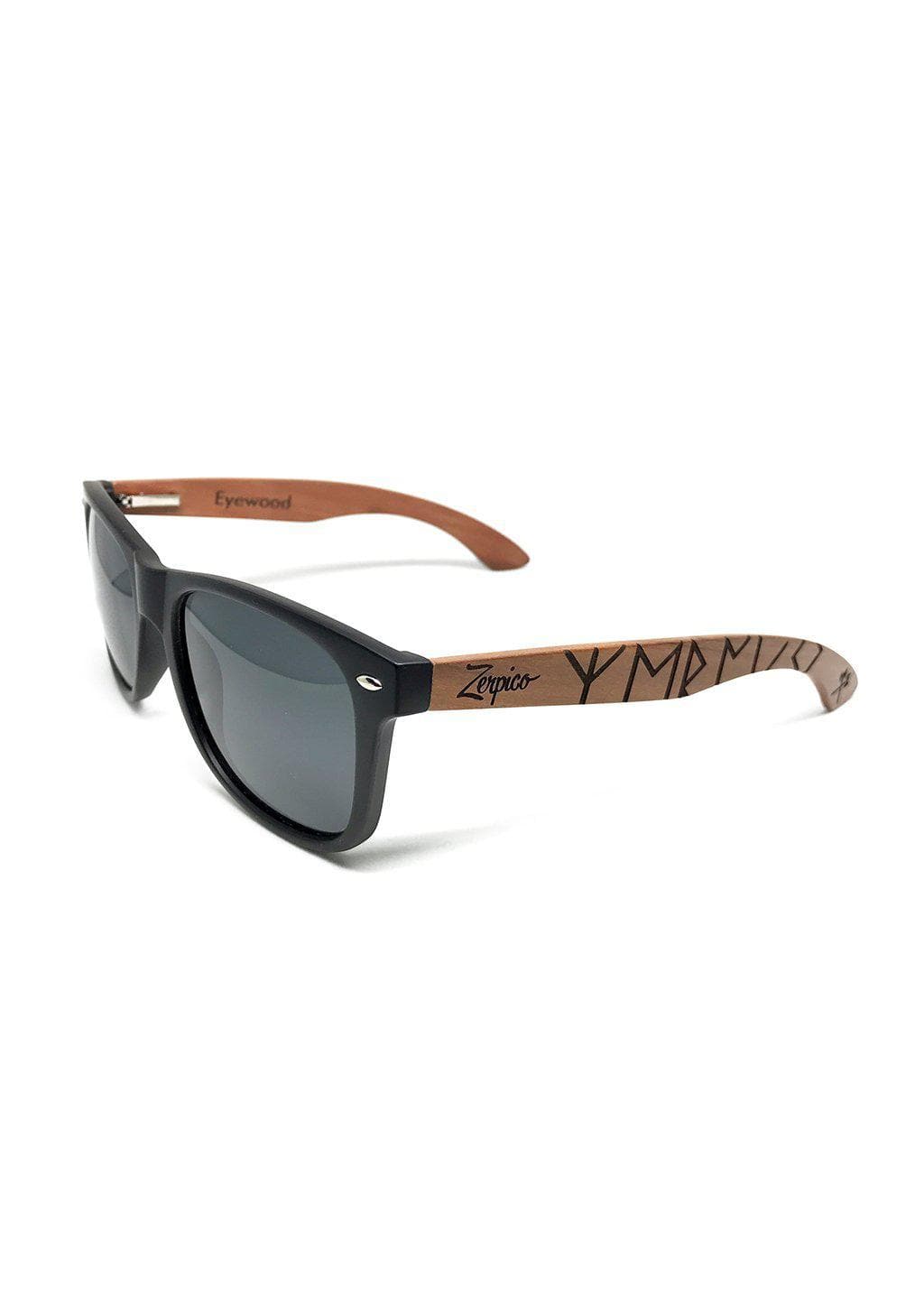 Eyewood Viking Runes engraved wooden sunglasses featuring unique rune scripture on rosewood temples and polarized black lenses.