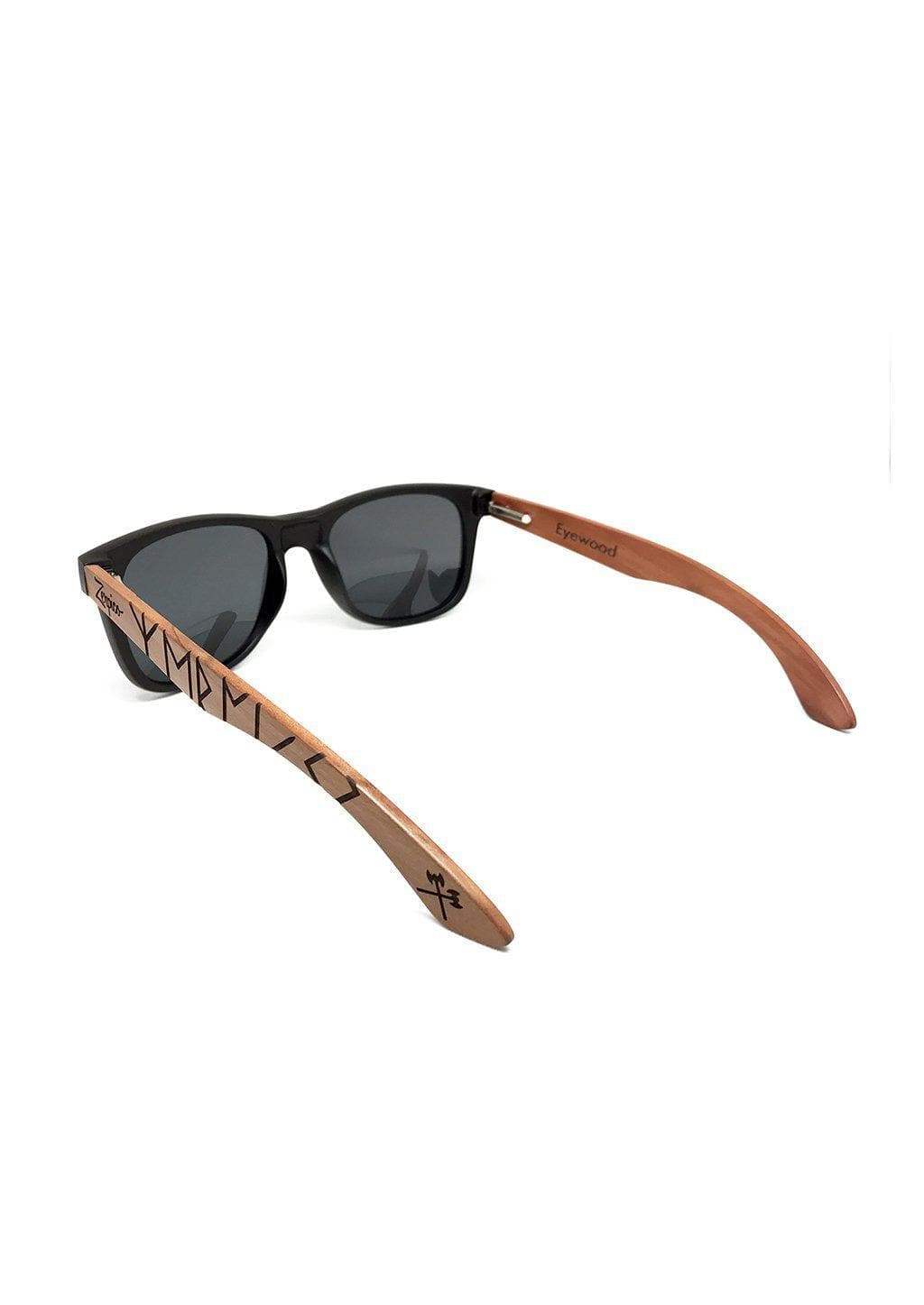 Eyewood Viking Runes engraved wooden sunglasses featuring unique rune scripture on rosewood temples and polarized black lenses.