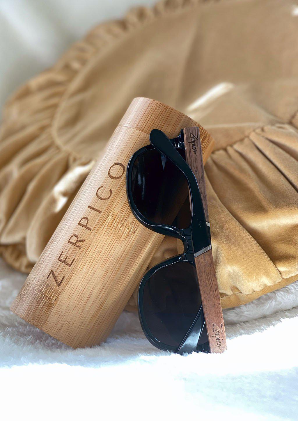 Eyewood Fusion - Viper wooden sunglasses in a round wooden case with microfiber pouch.