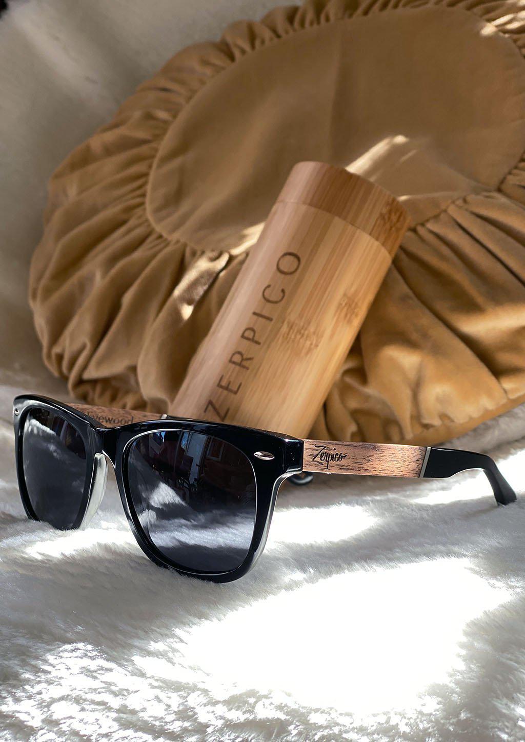 Eyewood Fusion - Viper wooden sunglasses in a round wooden case with microfiber pouch.