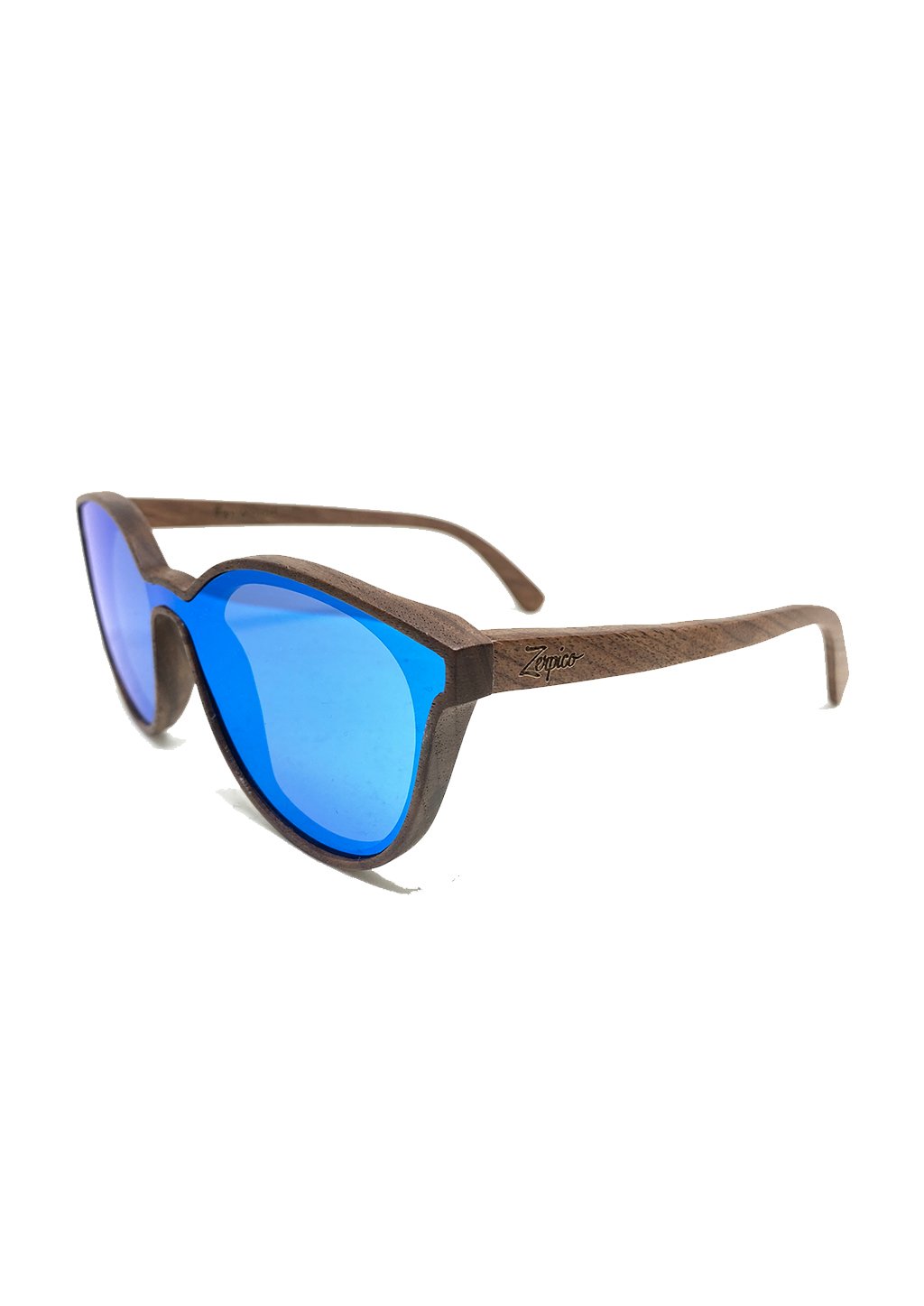 Eyewood Savannah sunglasses featuring a unique wooden frame and blue mirror polarized lenses, elegantly displayed in a handmade empress tree case.