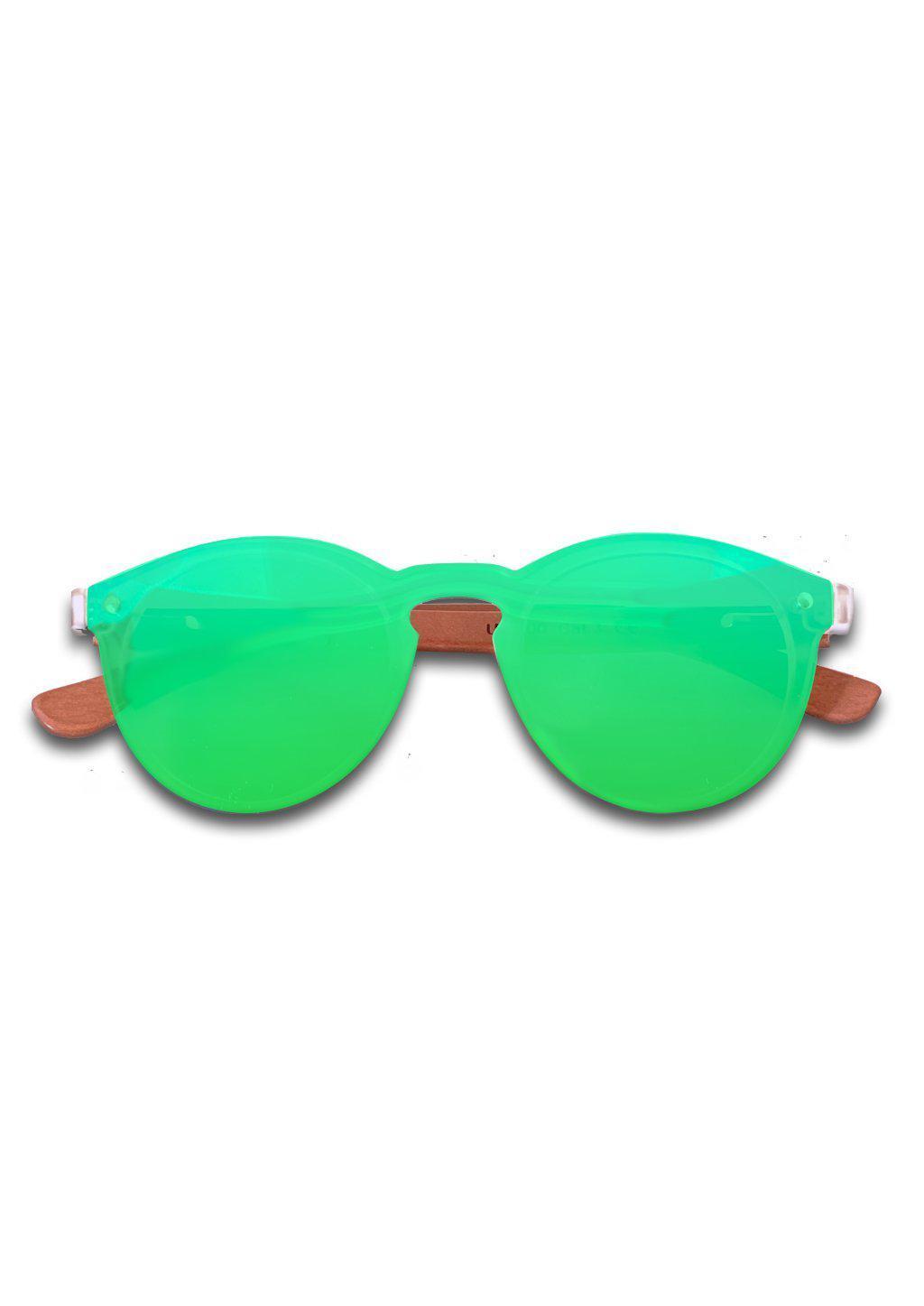 Eyewood Tomorrow - Aries wooden sunglasses featuring rosewood frame and polarized green lenses, elegantly displayed in a handmade empress tree case.