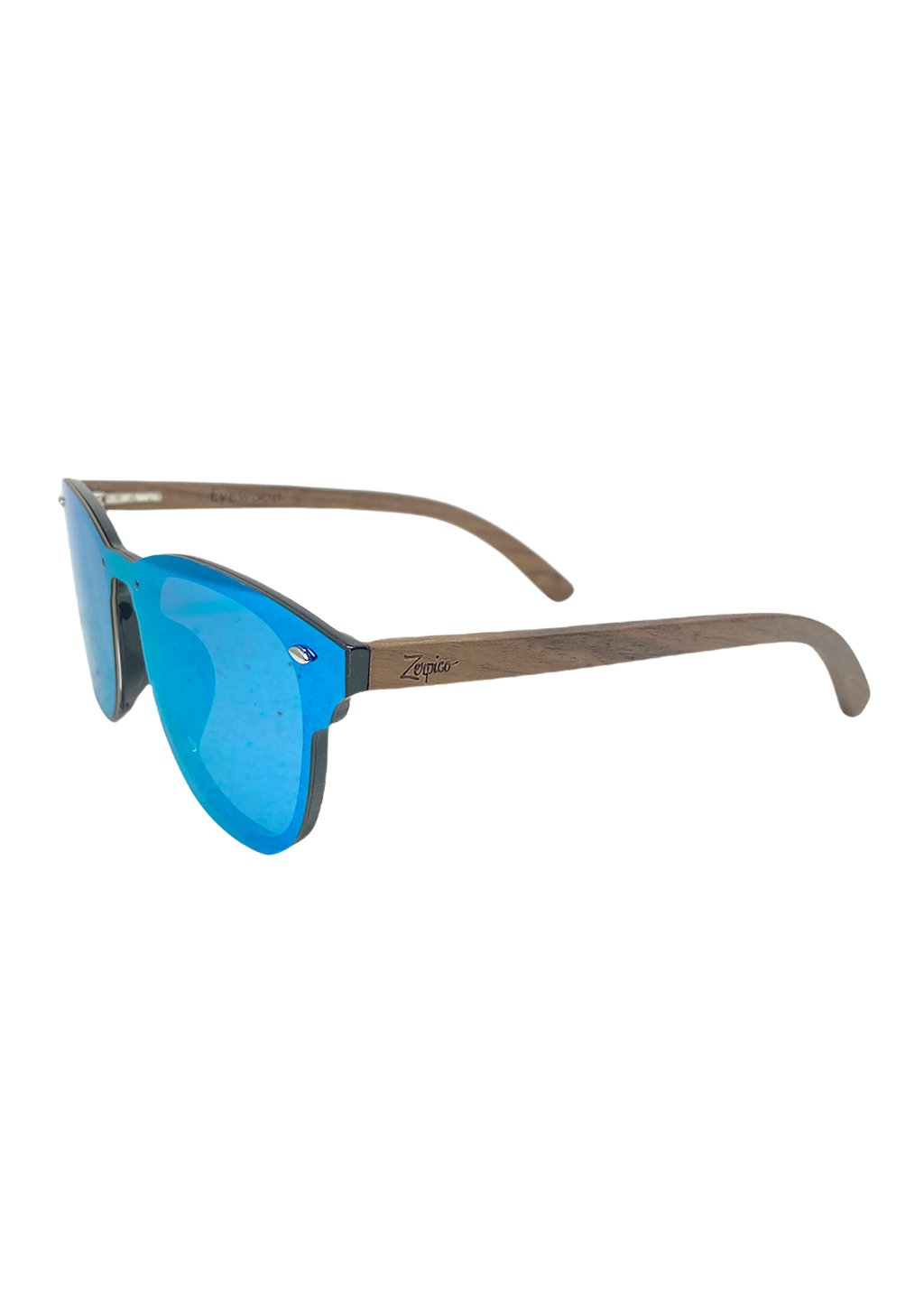 Eyewood Tomorrow - Delphinus wooden sunglasses featuring walnut temples and blue mirror polarized lenses, elegantly displayed in a natural setting.