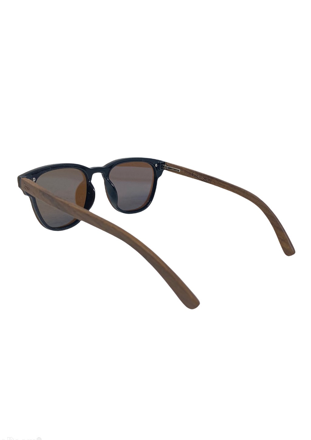 Eyewood Tomorrow - Delphinus wooden sunglasses featuring walnut temples and blue mirror polarized lenses, elegantly displayed in a natural setting.