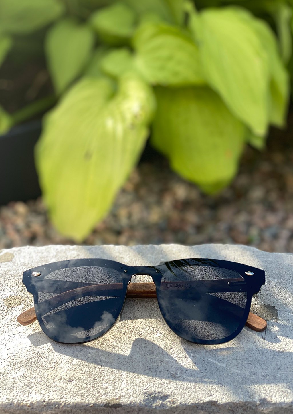 Eyewood Tomorrow - Fornax wooden sunglasses featuring walnut temples and polarized black lenses, elegantly displayed in a natural setting.