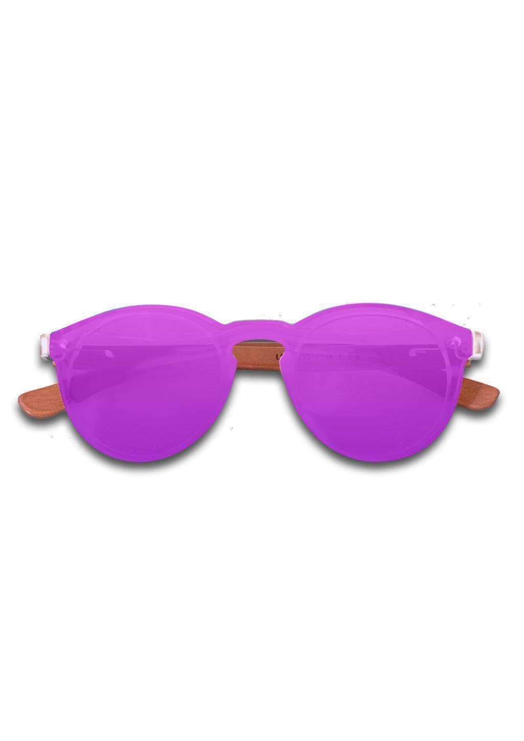 Eyewood Tomorrow - Lyra wooden sunglasses featuring purple polarized lenses and rosewood frame, displayed in an elegant empress tree case.