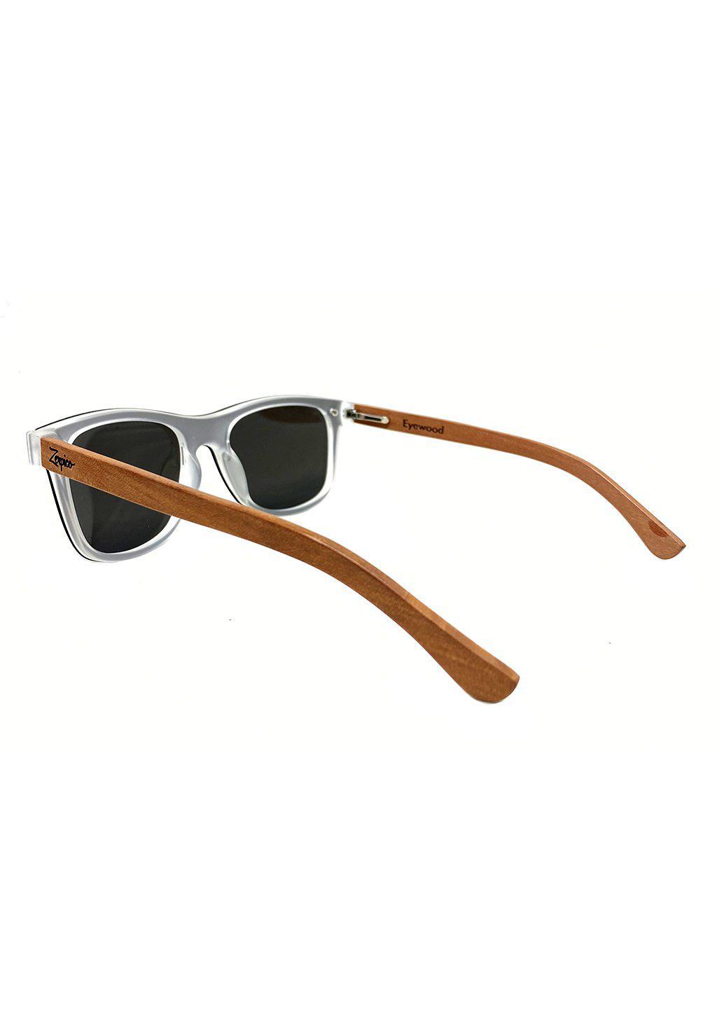 Eyewood Tomorrow - Perseus wooden sunglasses featuring rosewood frame and polarized silver mirror lenses, elegantly displayed in a case.