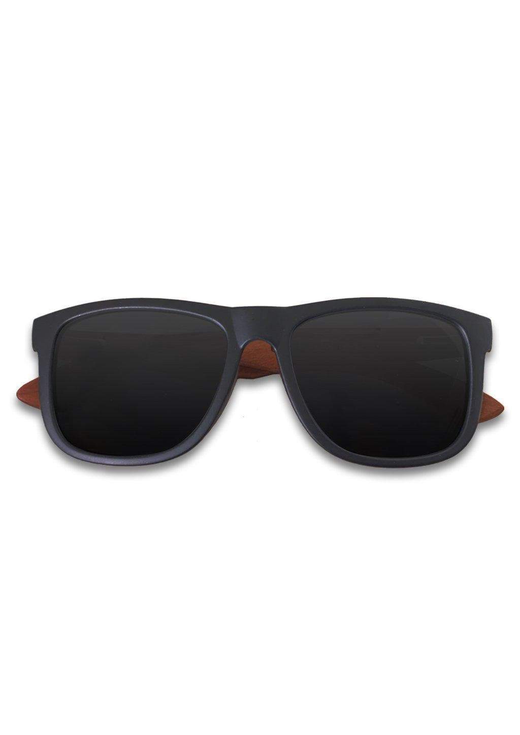 Eyewood Wayfarer sunglasses in Pitch Black with polarized lenses and rosewood frame, displayed in an elegant empress tree case.