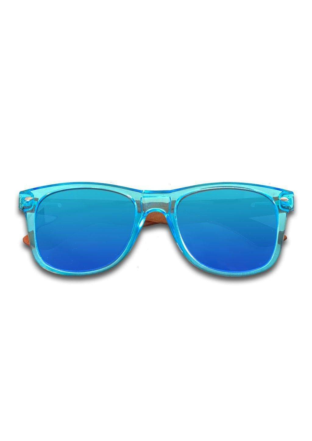 Eyewood Wayfarer - Sapphire wooden sunglasses with blue mirror lenses and rosewood frame, displayed elegantly.