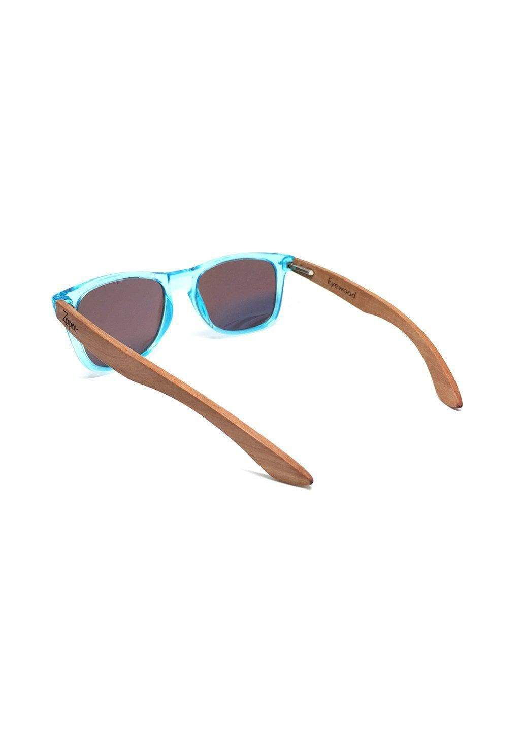 Eyewood Wayfarer - Sapphire wooden sunglasses with blue mirror lenses and rosewood frame, displayed elegantly.