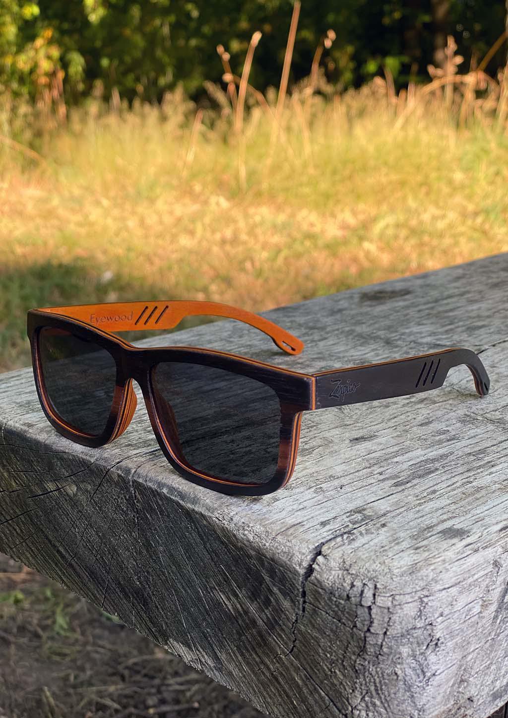 Eyewood Wayfarer Special Edition sunglasses in dark wood with polarized black lenses, showcasing unique craftsmanship and design.