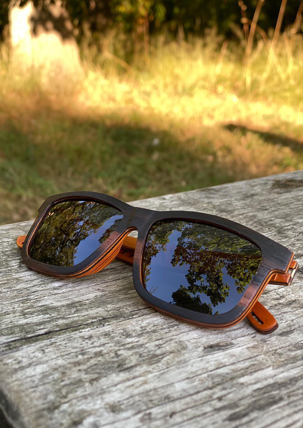 Eyewood Wayfarer Special Edition sunglasses in dark wood with polarized black lenses, showcasing unique craftsmanship and design.