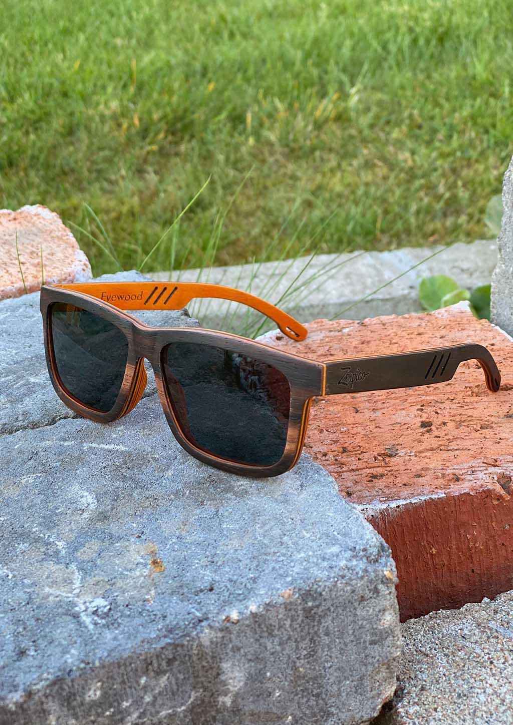 Eyewood Wayfarer Special Edition sunglasses in dark wood with polarized black lenses, showcasing unique craftsmanship and design.