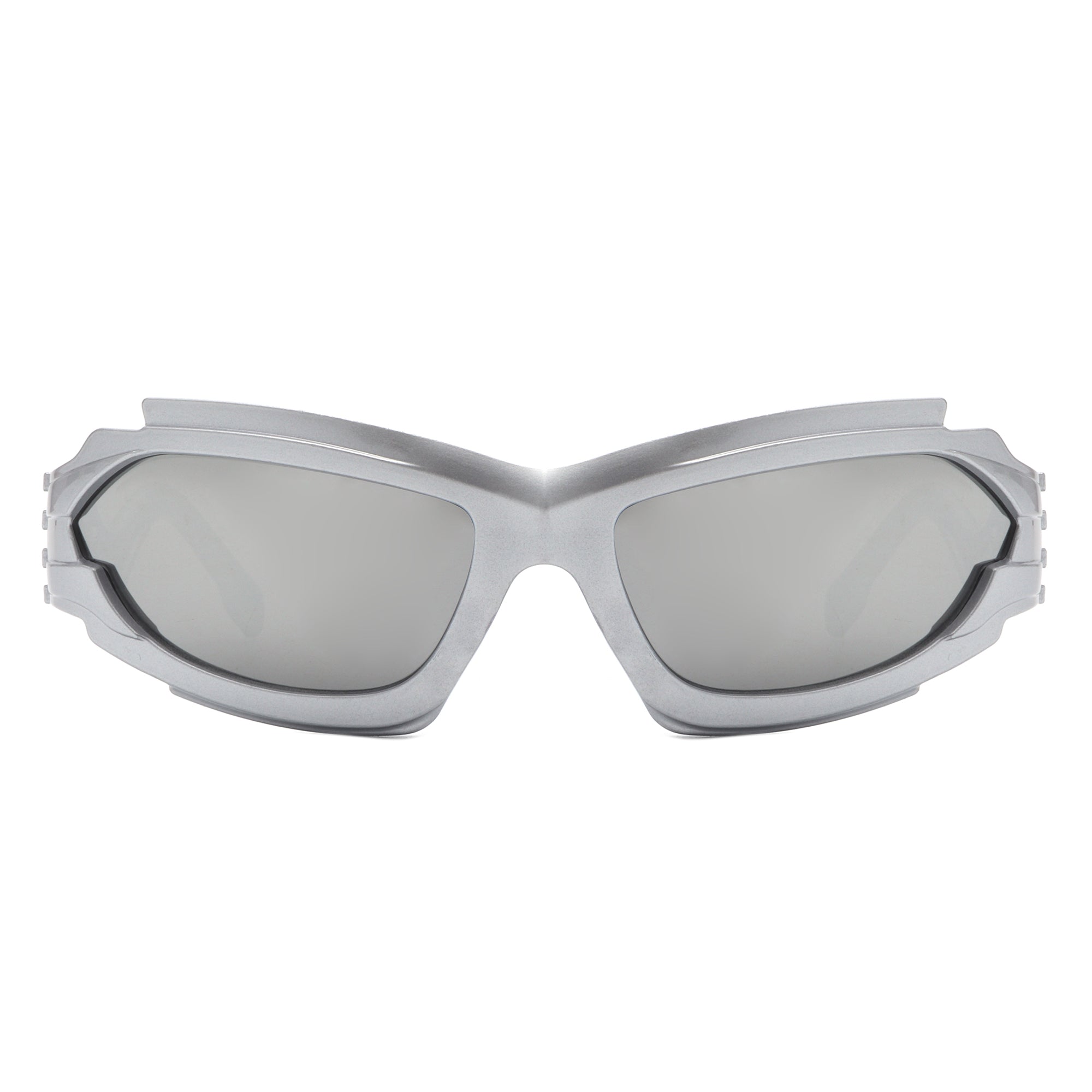 Faelion futuristic rectangle geometric wrap-around sunglasses with stylish design and protective features, perfect for sun protection.