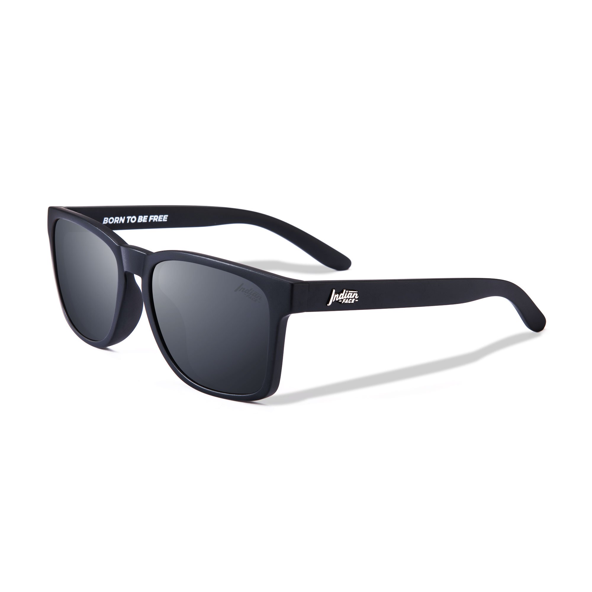 Free Spirit Black/Black sunglasses with polarized lenses, unisex design, lightweight frame, and included microfiber cleaning case.