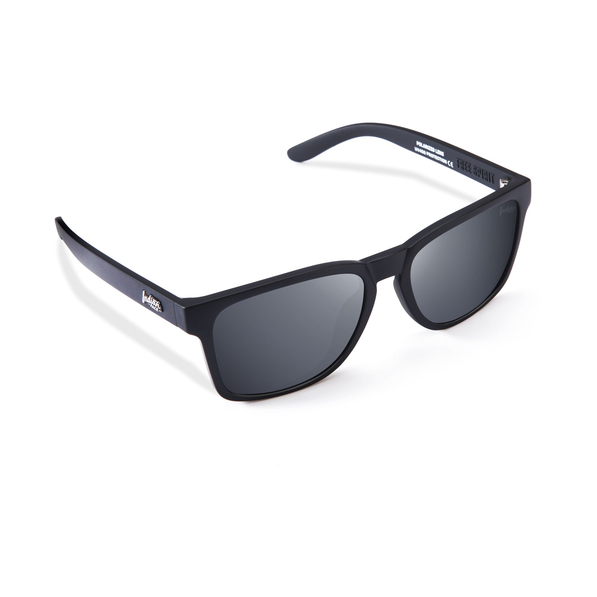 Free Spirit Black/Black sunglasses with polarized lenses, unisex design, lightweight frame, and included microfiber cleaning case.