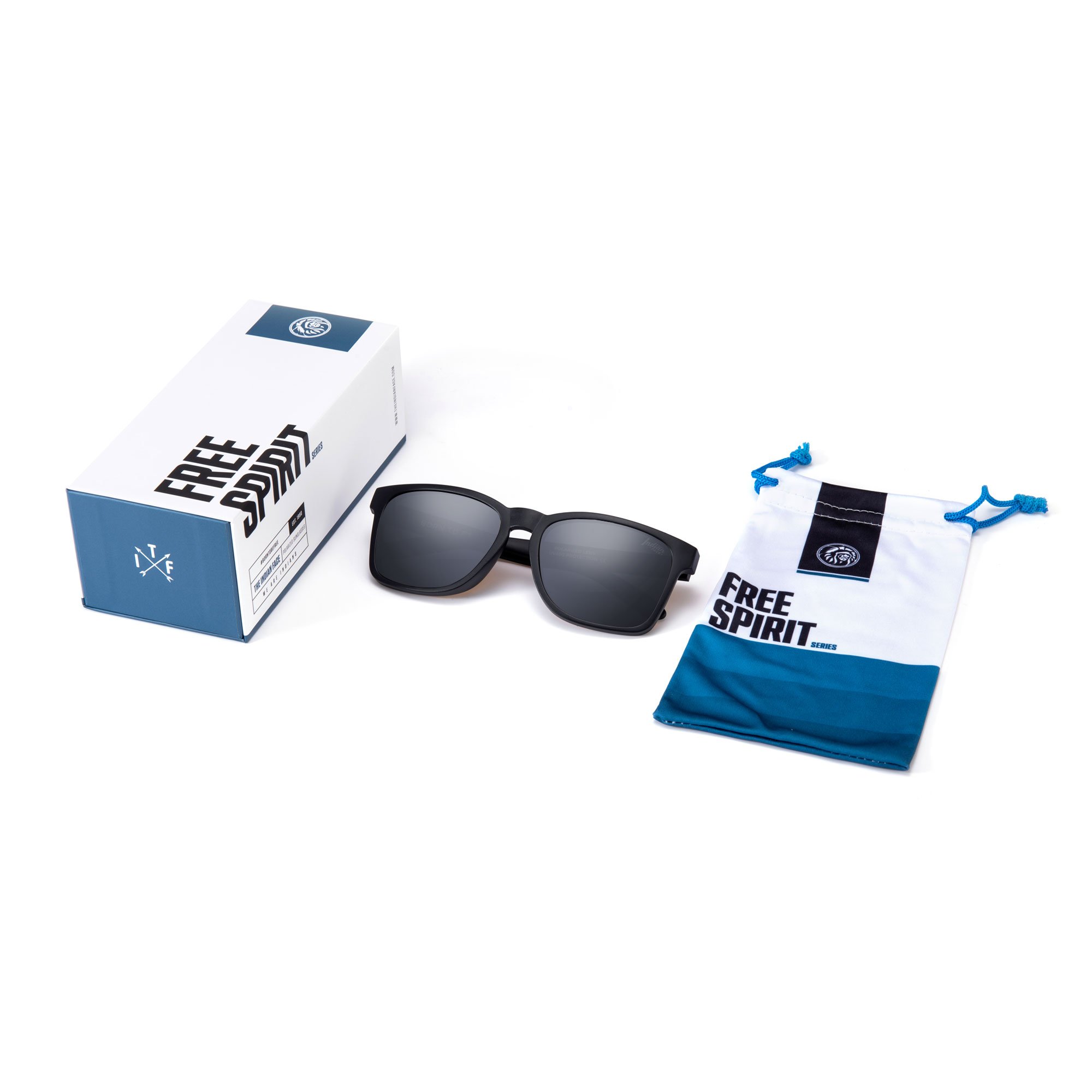 Free Spirit Black/Black sunglasses with polarized lenses, unisex design, lightweight frame, and included microfiber cleaning case.