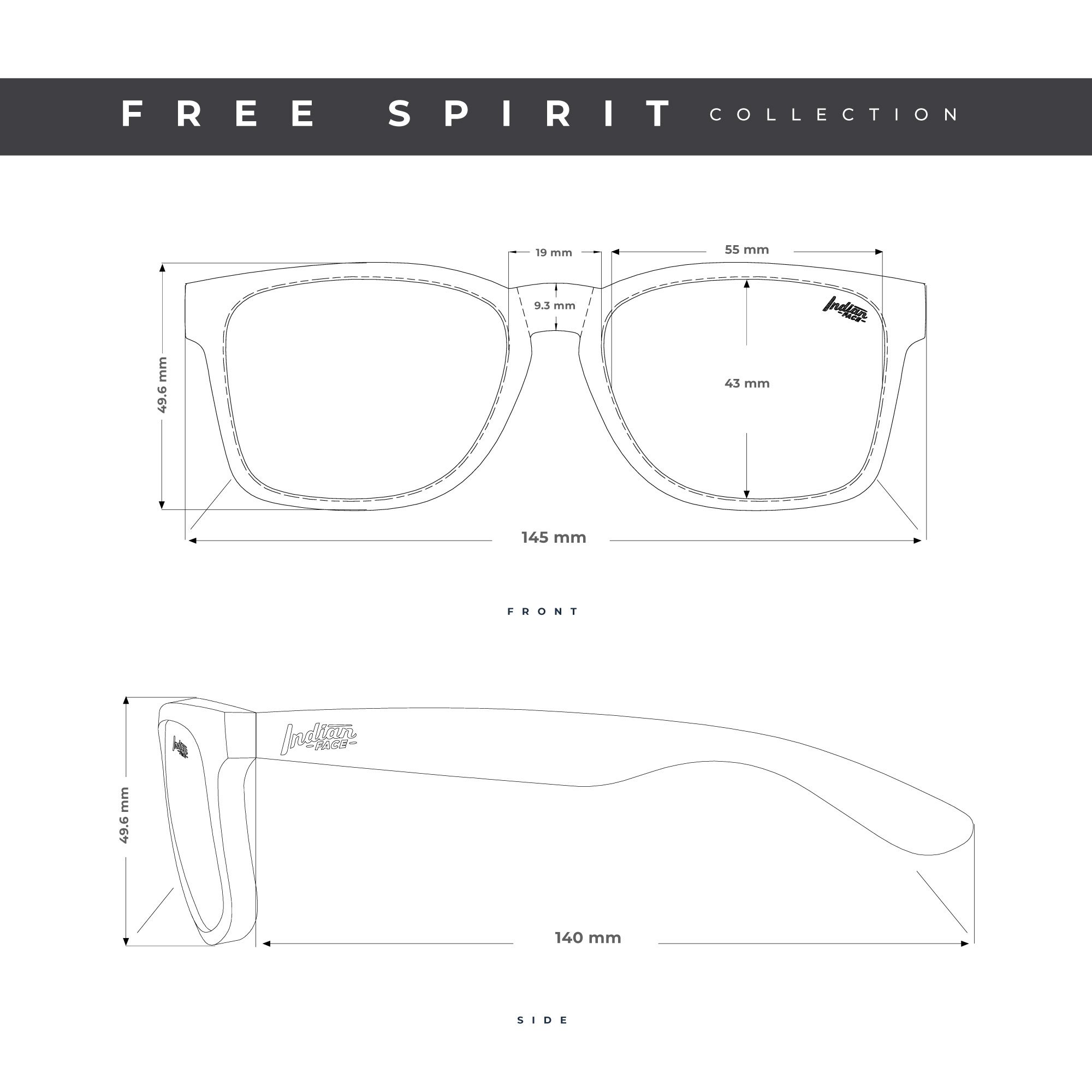 Free Spirit Black/Black sunglasses with polarized lenses, unisex design, lightweight frame, and included microfiber cleaning case.