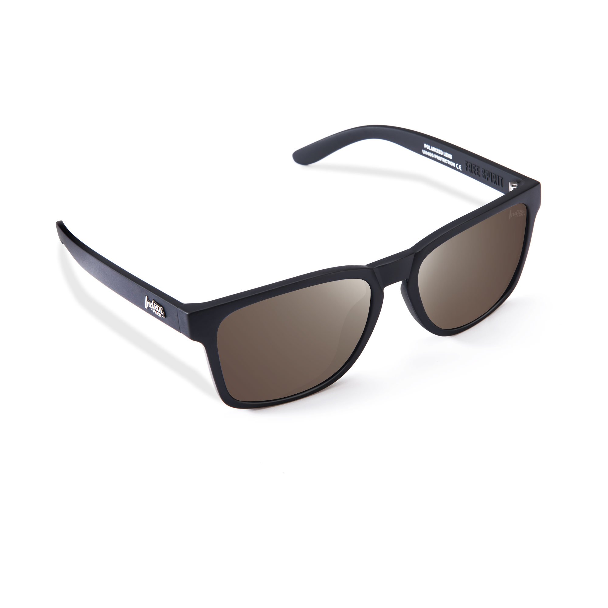 Free Spirit Black/Brown sunglasses with polarized lenses, designed for unisex wear, showcasing a stylish and sporty look.