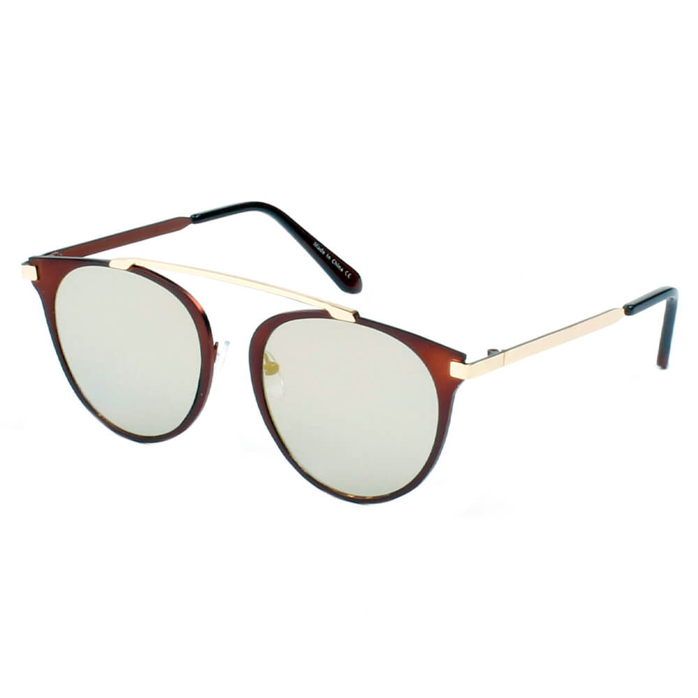 FRISCO Modern Horn Rimmed Metal Frame Round Sunglasses with mirrored lenses and metallic brow-bar, showcasing a stylish minimalist design.