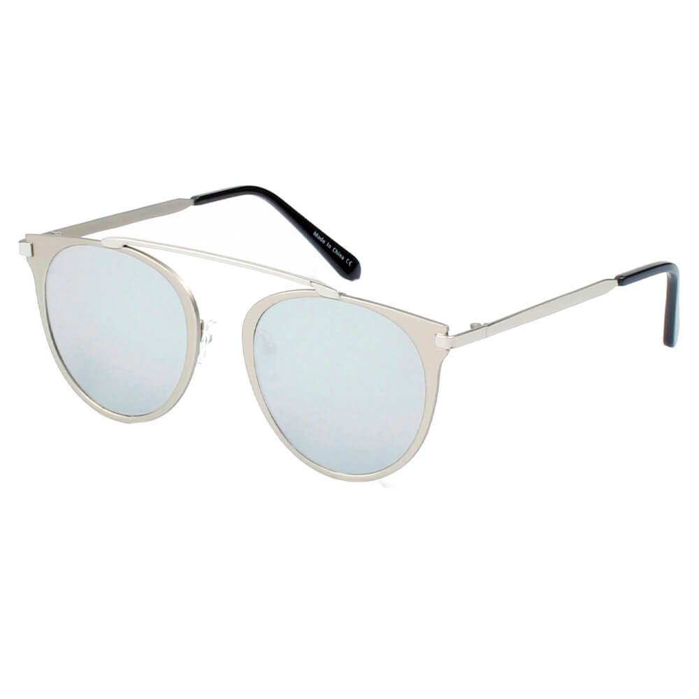 FRISCO Modern Horn Rimmed Metal Frame Round Sunglasses with mirrored lenses and metallic brow-bar, showcasing a stylish minimalist design.