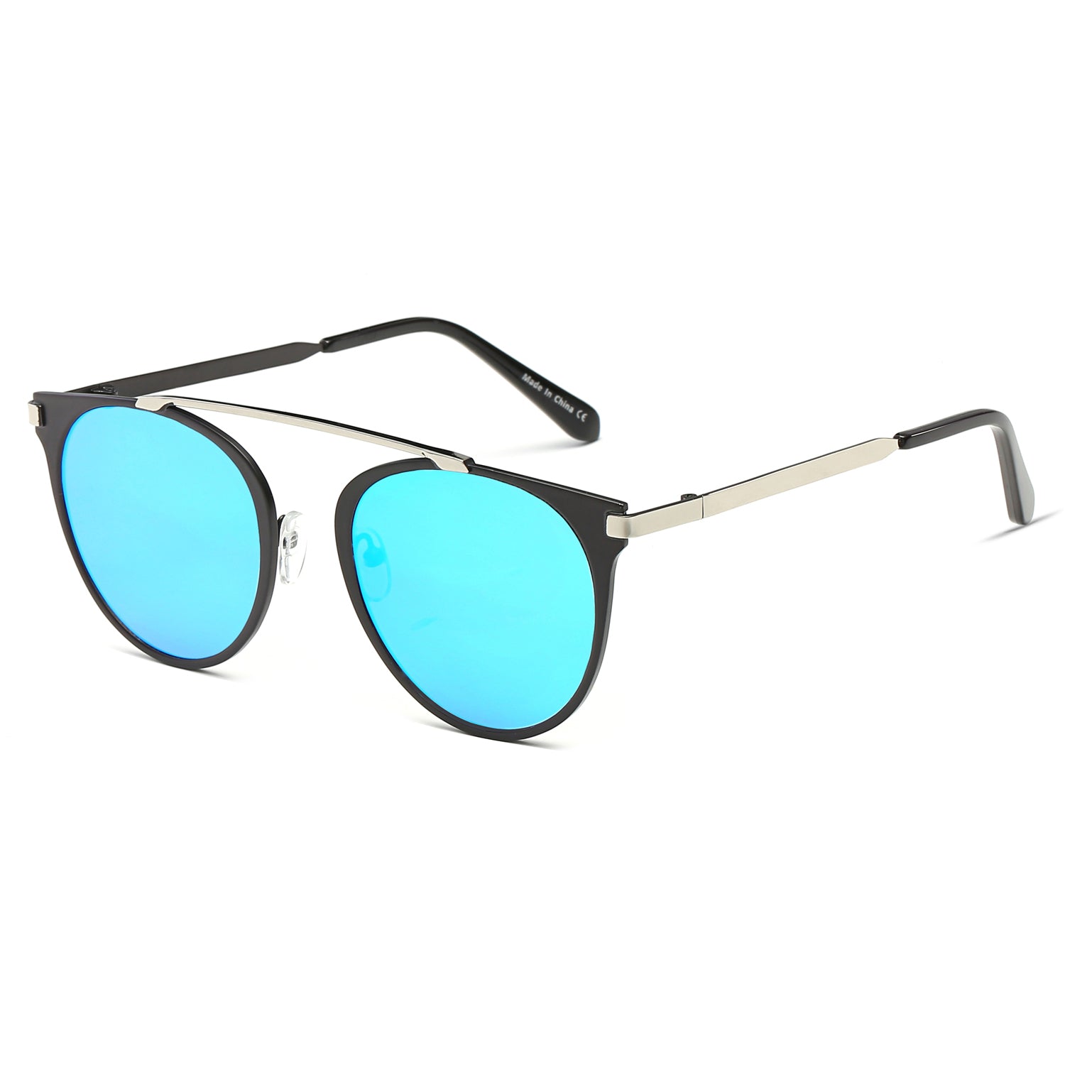 FRISCO Modern Horn Rimmed Metal Frame Round Sunglasses with mirrored lenses and metallic brow-bar, showcasing a stylish minimalist design.