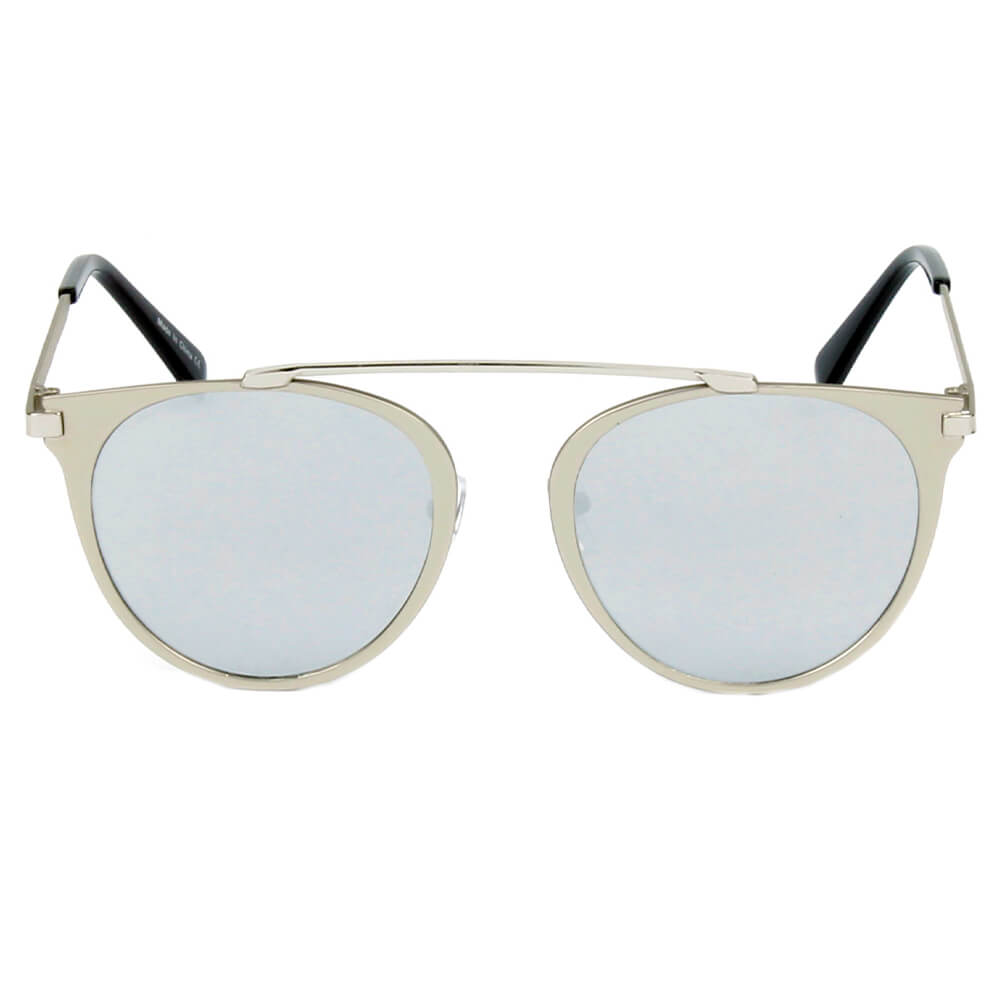 FRISCO Modern Horn Rimmed Metal Frame Round Sunglasses with mirrored lenses and metallic brow-bar, showcasing a stylish minimalist design.