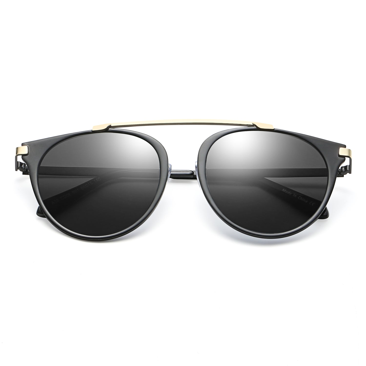 FRISCO Modern Horn Rimmed Metal Frame Round Sunglasses with mirrored lenses and metallic brow-bar, showcasing a stylish minimalist design.