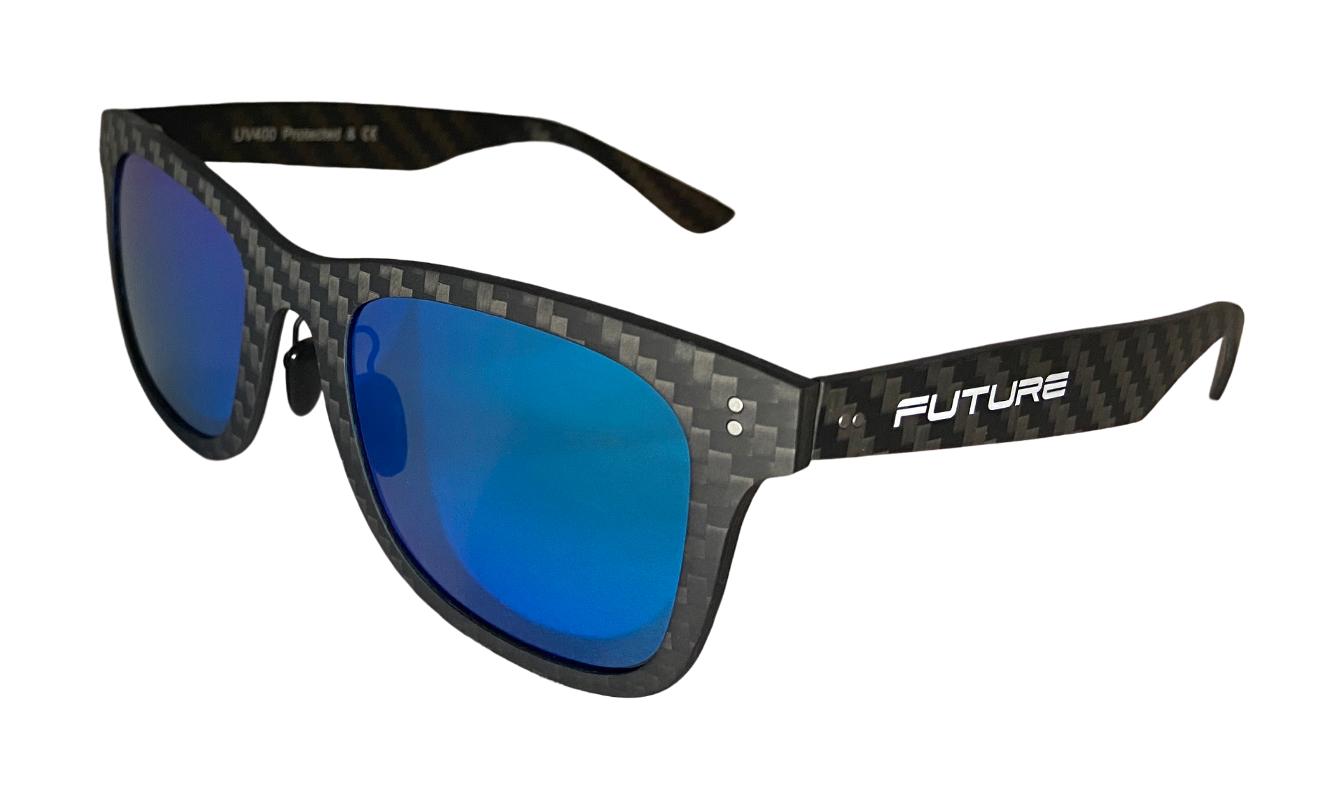 Full Carbon Fibre Sunglasses with Polarised Sky Blue lenses, showcasing a sleek design and lightweight frame.