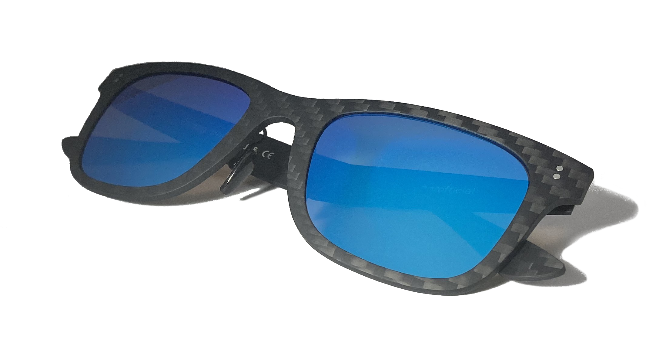 Full Carbon Fibre Sunglasses with Polarised Sky Blue lenses, showcasing a sleek design and lightweight frame.