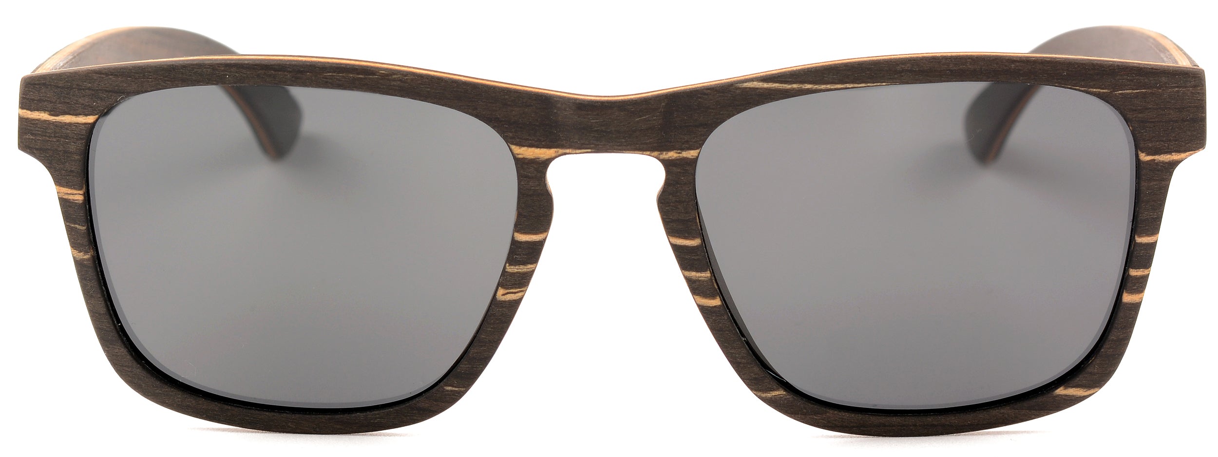 Holbrooke Wood Sunglasses featuring a multi-layer wood frame in black zebra wood and maple, with TAC polarized grey lenses.