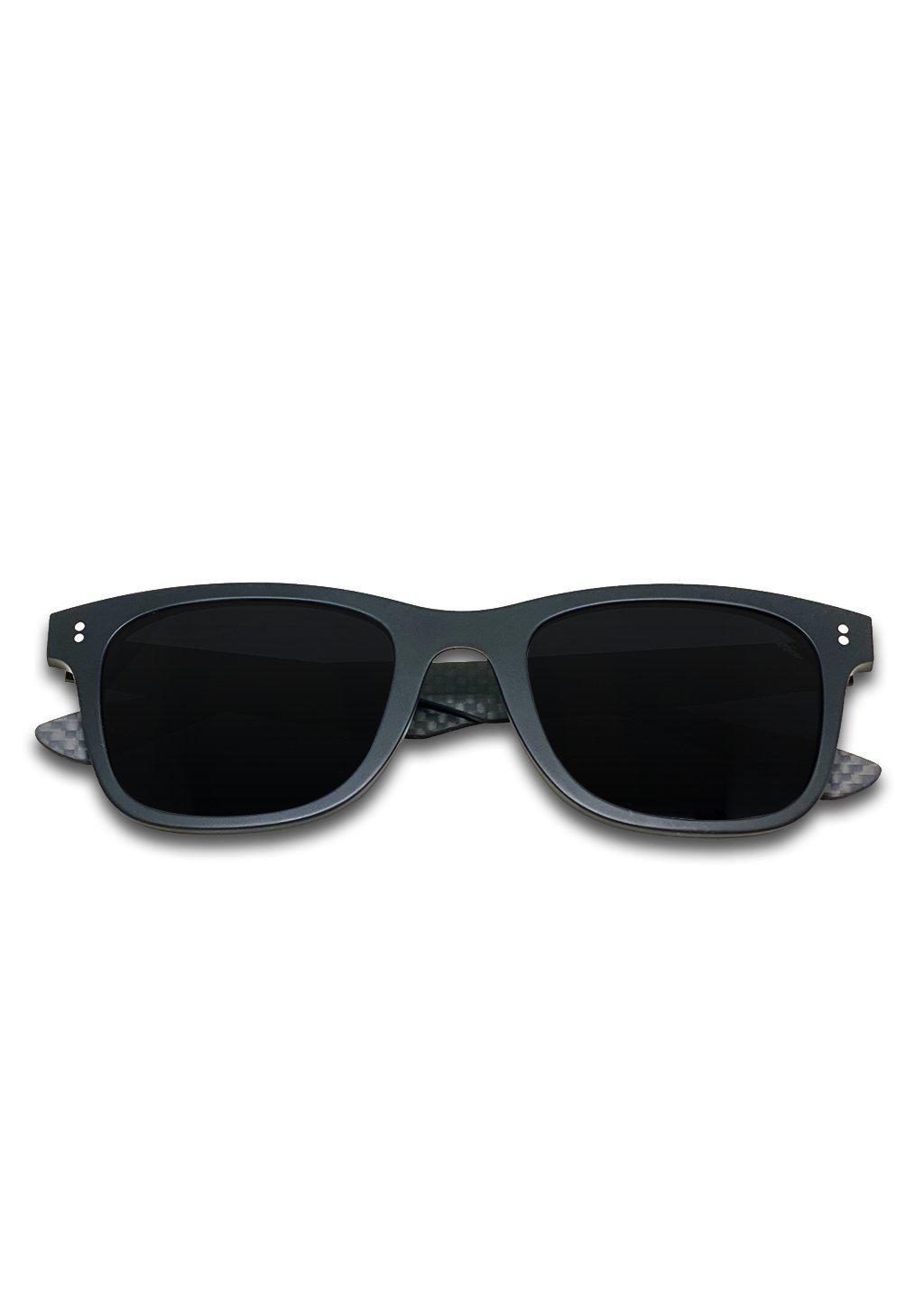 Hybrid Atom sunglasses featuring carbon fiber and acetate materials in a stylish Wayfarer design.