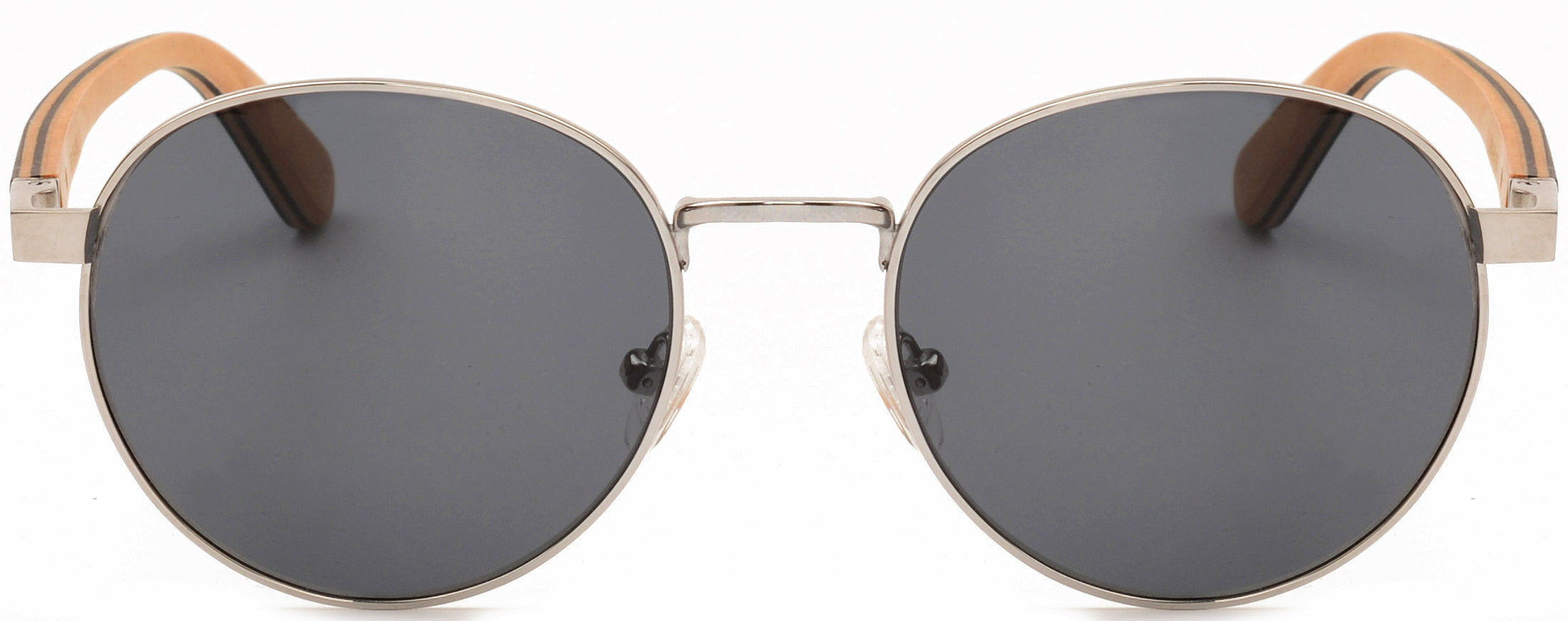 Jamie Titanium & Wood Sunglasses featuring a round design with natural wood temples and a titanium frame.