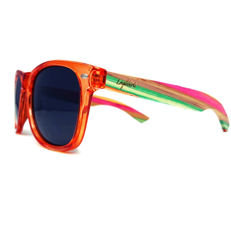 Juicy Fruit Multi-Colored Bamboo Polarized Sunglasses with vibrant colors and handcrafted design, showcasing eco-friendly bamboo material.