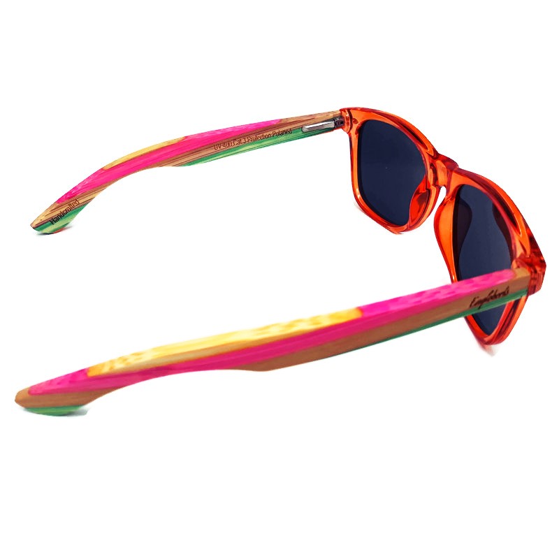 Juicy Fruit Multi-Colored Bamboo Polarized Sunglasses with vibrant colors and handcrafted design, showcasing eco-friendly bamboo material.