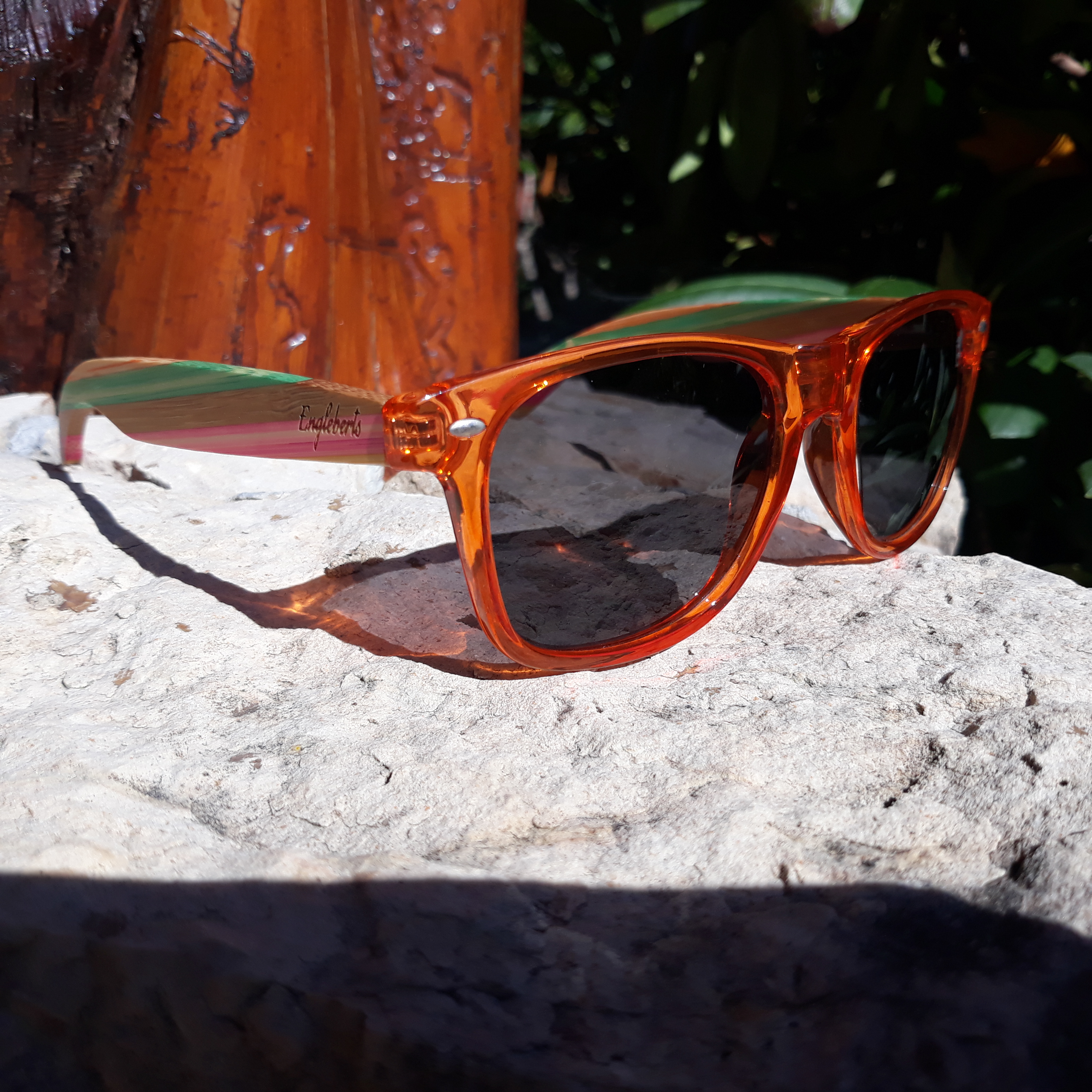 Juicy Fruit Multi-Colored Bamboo Polarized Sunglasses with vibrant colors and handcrafted design, showcasing eco-friendly bamboo material.