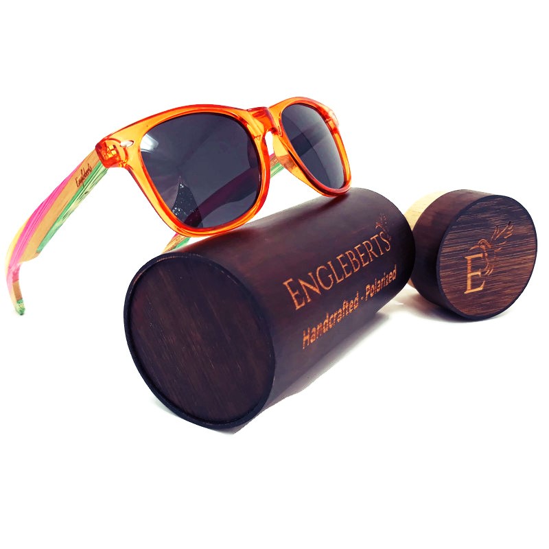 Juicy Fruit Multi-Colored Bamboo Sunglasses with polarized lenses and a stylish design, displayed with a protective bamboo case.