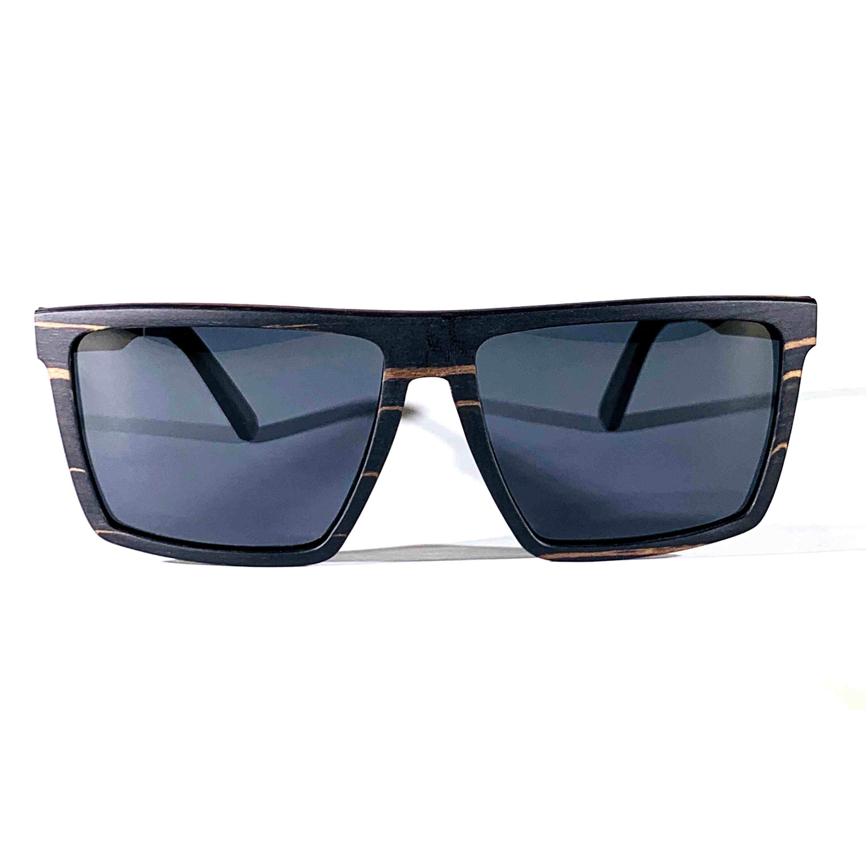 Kirkwood sunglasses featuring a stylish ebony wood frame and polarized grey lenses, perfect for outdoor activities.