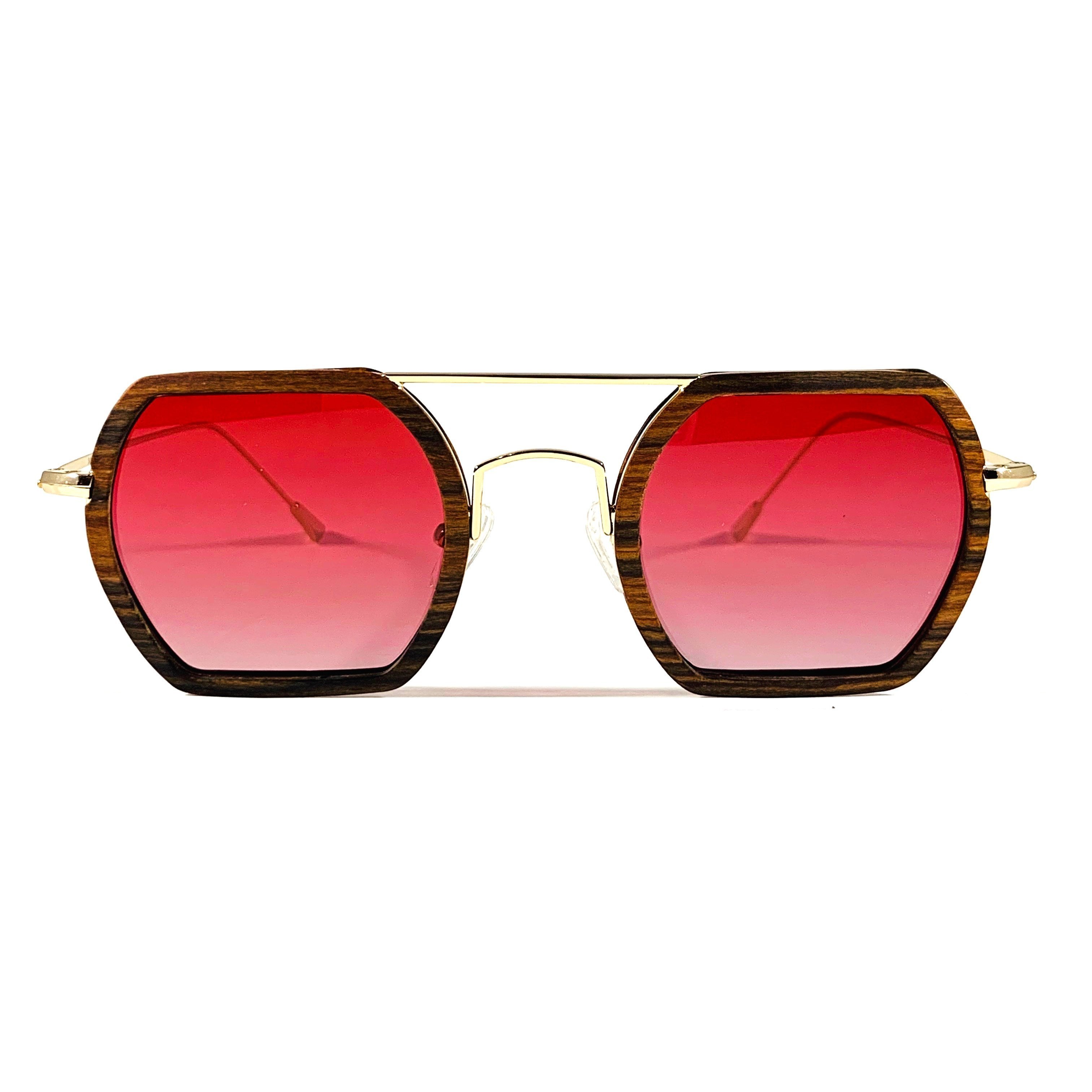 Stylish Little 5 Points sunglasses made from Brazilian rosewood with polarized rose gradient lenses, showcasing a unique design.