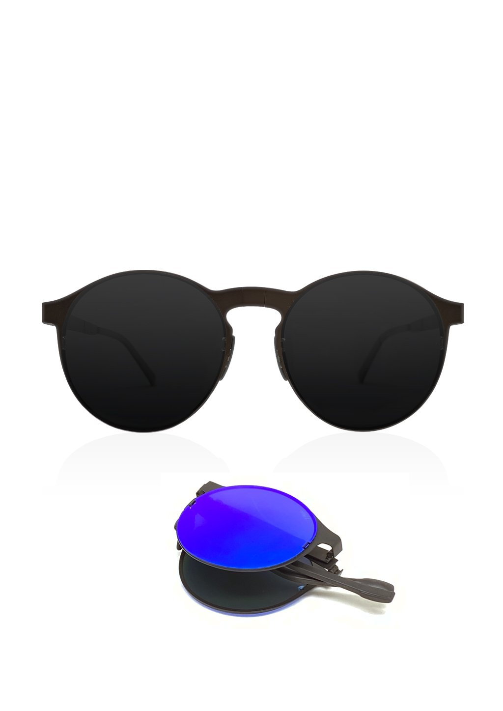 Looper foldable round sunglasses displayed with various frame colors and a stylish case.