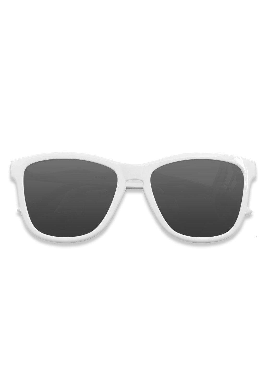 MOOD Wayfarer V2 - Ace sunglasses featuring a white frame and black polarized lenses, perfect for stylish outdoor adventures.