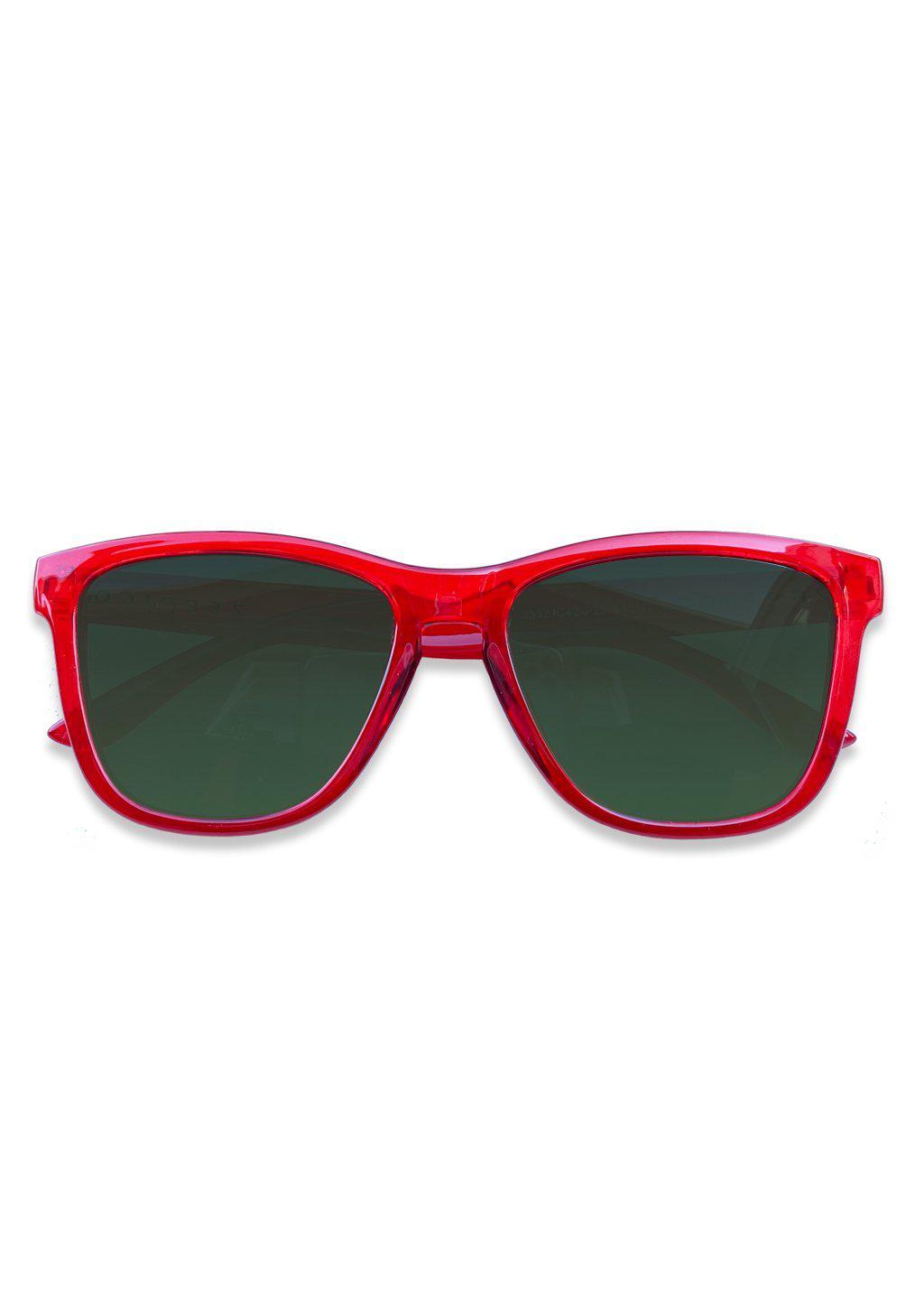 MOOD Wayfarer V2 - Deco sunglasses featuring a red transparent frame and green lenses, perfect for stylish outdoor adventures.