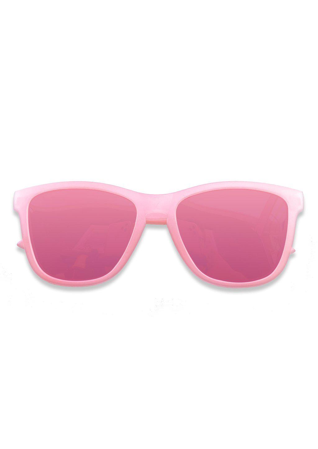 MOOD Wayfarer V2 Flamingo sunglasses with pink transparent frame and pink mirror lenses, perfect for stylish outdoor adventures.